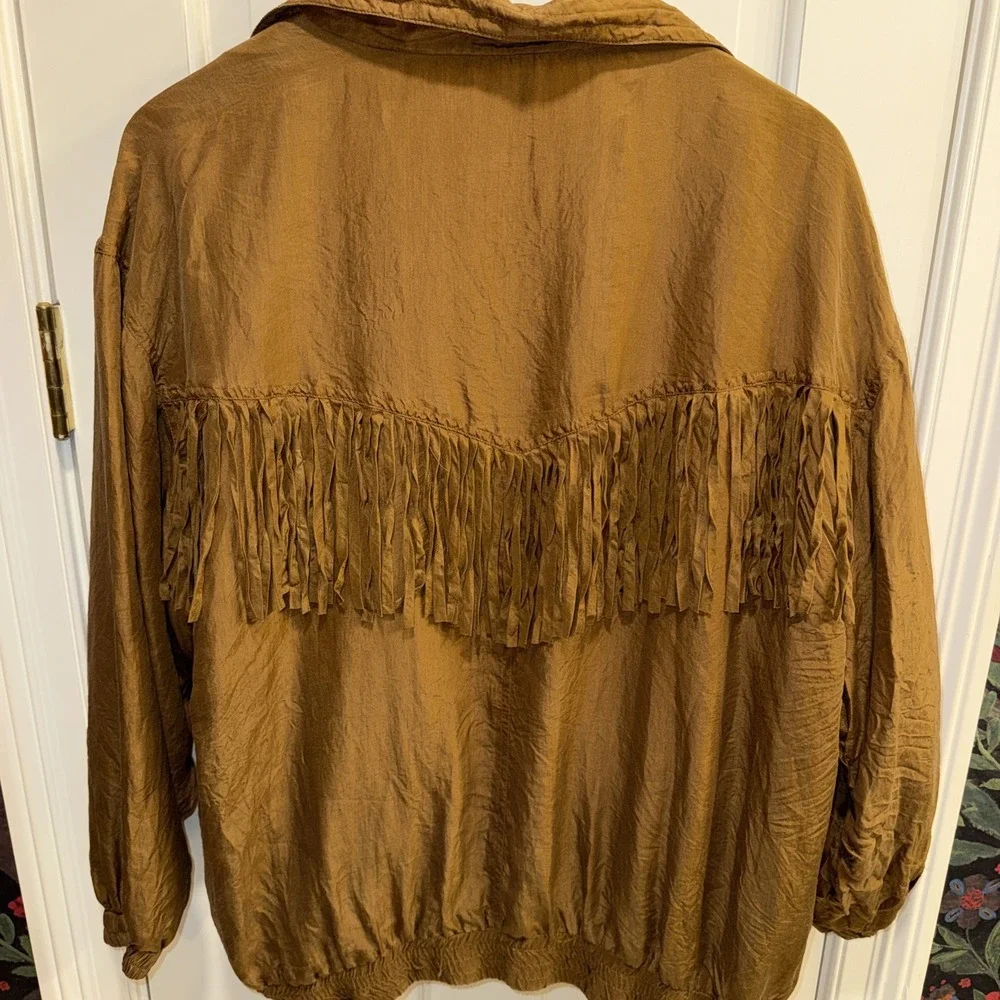 Abvien Women's 100% Silk Fringe Jacket Vintage Large Mustard‎ Brown Button Up